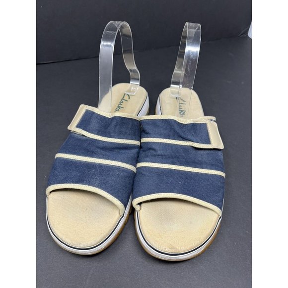 Clarks 36124 Navy Tan Canvas Hook & Loop Slide On Comfort Womens Sandals Sz 11M - Picture 2 of 7